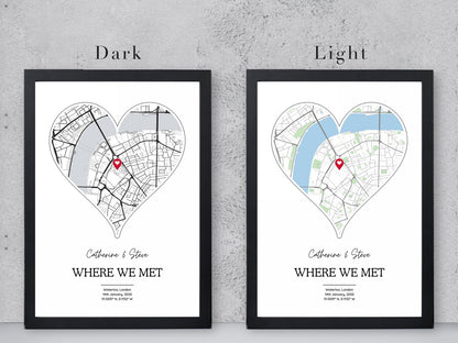 Personalised Where We Met Heart Map Print - Custom Street Map Gift