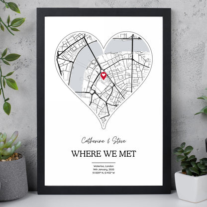 Personalised Where We Met Heart Map Print - Custom Street Map Gift